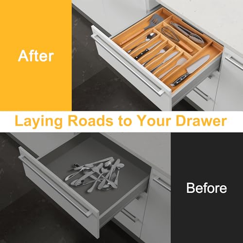 Large Premium Bamboo Silverware Organizer - Expandable Drawer Organizer & Utensil Organizer - 17"x19.7" Cutlery Tray with Dividers for Kitchen Utensils and Flatware (7-9 Slots) (Natural) - color: Natural, size: 9 Slots Expandable