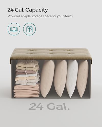 SONGMICS Mazie Collection - 30 Inches Folding Storage Ottoman Bench, Ottoman Foot Rest, End of Bed Bench, Storage Chest, Load 660 lb, for Living Room, Bedroom, Entryway, Camel Brown ULSF047R01 - color: Camel Brown, size: 15"D x 30"W x 15"H