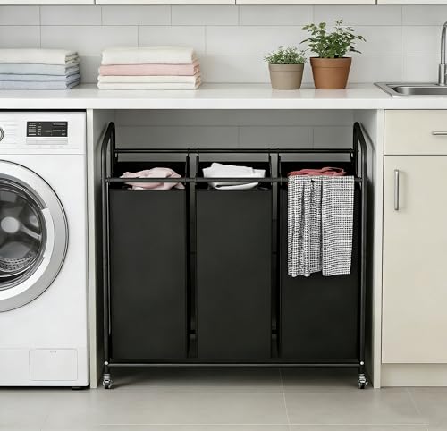 LINZINAR 3-Bag Laundry Basket, Black Laundry Hamper, 35.6 Gal(135 L) Laundry Sorter Cart Laundry Room Organization with Heavy Duty Rolling Lockable Wheels and Removable Bags - size: 3 Bags Black