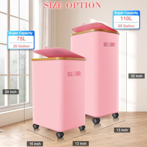 Laundry Hamper with Wheels,20 Gal (75L) Laundry Basket with lid Rolling Clothes Hamper Foldable Dirty Clothes Basket on wheels with Bamboo Frame and Bag for Bedroom, Dorm, Laundry Room-Pink - color: Pink, size: 75 L