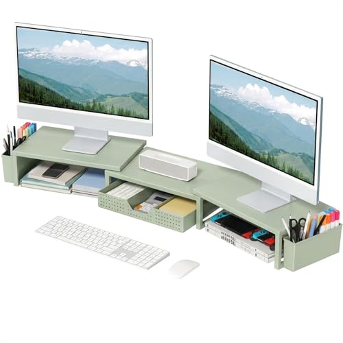 OPNICE Desk Organizers and Accessories, Dual Monitor Stand Riser with Drawer and 2 Pen Holders, Desk Shelf Metal Computer Monitor Stand for Office Workspace Organizers, Desktop Organization (Green Metal) - color: Green Metal, size: With drawer and pen hol