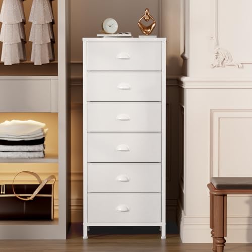 Furnulem White Tall Dresser for Bedroom,Vertical Storage Tower Unit and End Table with 6 Fabric Drawers, Nightstand Furniture with Drawer Organizer in Living Room,Closet,Entryway,Hallyway - color: White, size: 11.5"D x 16"W x 39.6"H (6 Drawers)