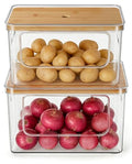 Hudgan Pantry Organizers and Storage with Straight Side, 2 Set Stackable Bin with Open Front for Onion,Potato,Garlic,Fruit, Clear Storage Bin with Bamboo Lid for Kitchen Cabinet, Countertop, Bathroom