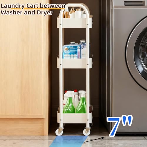 3 Tier Narrow Rolling Storage Cart for Laundry Room Bathroom Kitchen, 7.1'' Slim Utility Cart with Wheels and Lockable Casters Standing Shelf for Small Space & Between Washer and Dryer, White - color: White, size: 3 tier