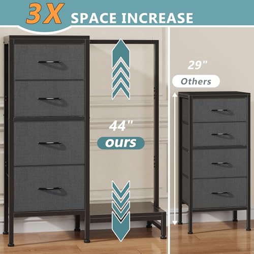 HIGDBFE Dresser with Hanging Rack, 4 Drawers Small Closet for Bedroom, Reversible Fabric Kids Chest of Drawers with Clothes Rack, Tall Storage Tower, Sturdy Frame, Grey, 44''H - color: Grey