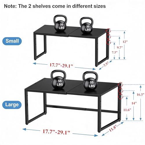 2 Pack Expandable Cabinet Countertop Shelves (Small + Large), Heavy Duty Metal Shelves Organizers For Kitchen Cabinet Countertop Storage, Adjustable Storage Shelf Organizer For Kitchen Cabinet Pantry - color: Black, size: 1 Tier（2 pack/large+small）