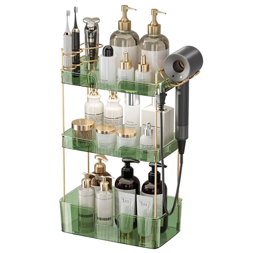 Aveniee Bathroom Counter Organizer,3 Tier Skincare Perfume Countertop Storage with Hair Dryer Rack and Toothbrush Holder, Cosmetic Makeup Tray for Vanity - Green - color: Gem Green, size: 3 Tier-New