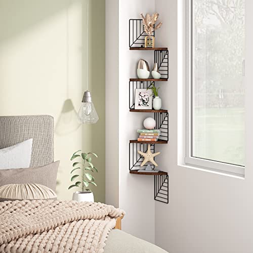 Love-KANKEI Corner Shelf Wall Mount of 5 Tier, Rustic Wood Floating Shelves Wall Shelves for Bedroom Living Room Bathroom Kitchen Office and More Dark Walnut - color: Dark Walnut