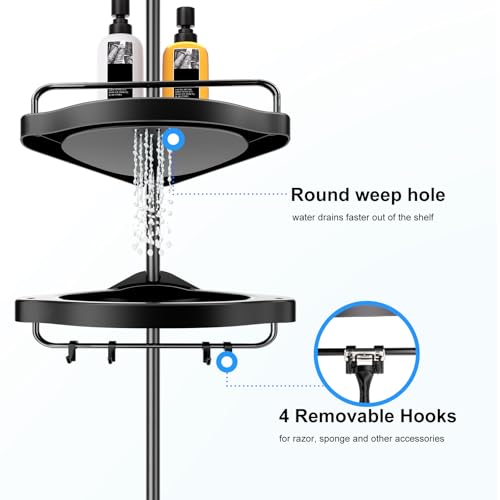 HAMITOR Corner Shower Caddy Tension Pole: Adjustable Stainless Steel Shower Organizer 4 Tier Shelf for Bathroom Bathtub Shampoo - Floor Standing Rack Bath Storage Holder with Rust Proof Rods - Black - color: Black