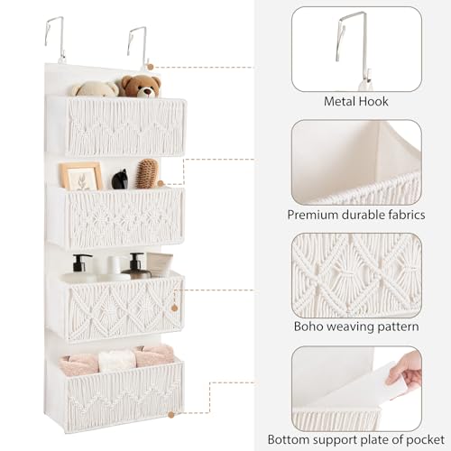 Dahey Over the Door Organizer Macrame Boho Nursery Storage Decor with 4 Large Woven Pockets Closet Hanging Organizer for Bedroom Nursery Bathroom Apartments Dorm Pantry Decoration, White