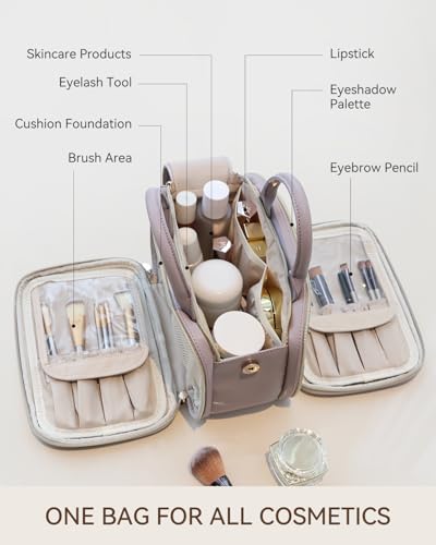 Prite Makeup Bag for Women, Large Capacity Waterproof Travel Cosmetic Organizer, Portable Open Flat Toiletry Bag with Free-standing Brush Holder and Handle(Purple Meidum) - color: Purple, size: Medium