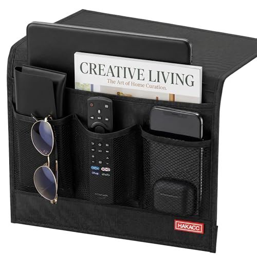 HAKACC Bedside Caddy, Remote Holder for Bed, Storage Organizer with Pockets for Bed, Sofa, Phones, Magazines, Tablets and Accessories, Black