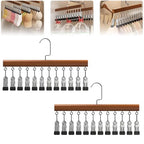 2Pcs Loset Organizer with 12 Clips,Wooden Wangers with Wlips,Wace Saving Hanging Closet Organizer,Space-Saving Hat Scarf Clothespins,Pant Hangers with Clips(Brown)