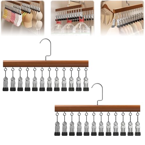 2Pcs Loset Organizer with 12 Clips,Wooden Wangers with Wlips,Wace Saving Hanging Closet Organizer,Space-Saving Hat Scarf Clothespins,Pant Hangers with Clips(Brown)