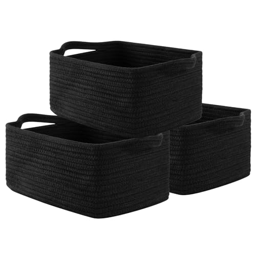 OIAHOMY Cotton Rope Woven Baskets for Storage, Nursery Rectangle Storage Basket with Handles for Shelves, Pack of 3, Black - color: Black