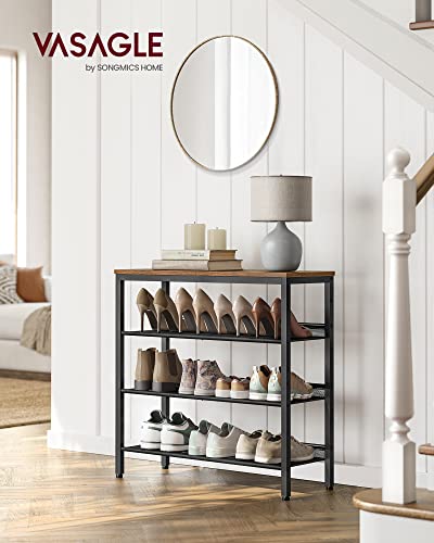 VASAGLE Shoe Rack for Entryway, 4-Tier Shoe Rack Organizer with Storage Shelves and Spacious Top, Freestanding, Adjustable, Industrial, Rustic Brown and Ink Black ULBS040B01 - color: Rustic Brown + Ink Black, size: 4 Tiers (29.5"W)