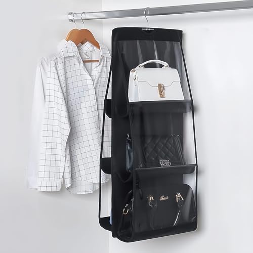 HAN SHENG 6 Pockets Clear Handbag & Purse Organizer Hanging Bag Storage - Space Saving Hanging Shelf for Closet, Wardrobe, Over Door (2 Pack, Black) - color: Black, size: 6 Pockets-2pcs
