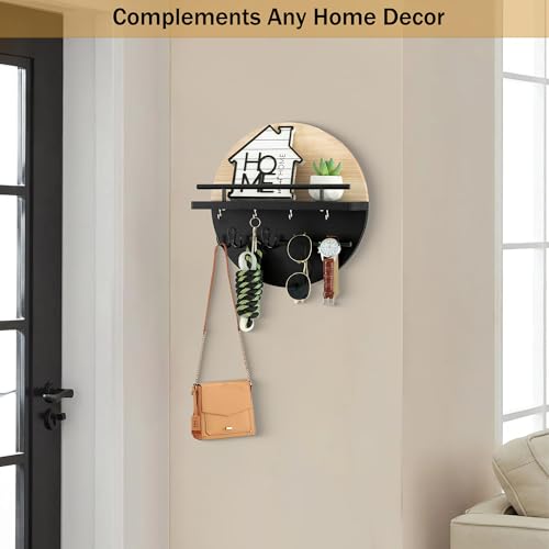 dreampossible Key Holder for Wall Decorative with Shelf and Hooks, Mail Organizer Wall Mount with Sunglasses Holder, Circular Design Entryway Key Rack Hanger, Rustic Home Decor - color: Light brown&Black