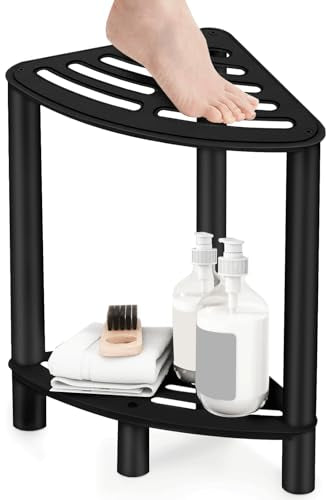 VOTZAAQ Stainless Steel Shower Stool, Double Layer Corner Shower Bench for Inside Shower, Shower Foot Rest for Shaving Legs, Matte Black Shower Seat for Small Bathroom - color: Sector-black