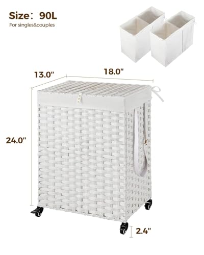 Greenstell Laundry Hamper with Wheels, No Install Needed, 90L Divided Handwoven Hampers & 2 Removable Liner Bags, Rattan Clothes Laundry Basket with Lid & Handles, Foldable Hampers White - color: White, size: 90L: 18.3x13.5x26.4 Inches