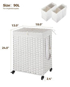 Greenstell Laundry Hamper with Wheels, No Install Needed, 90L Divided Handwoven Hampers & 2 Removable Liner Bags, Rattan Clothes Laundry Basket with Lid & Handles, Foldable Hampers White - color: White, size: 90L: 18.3x13.5x26.4 Inches