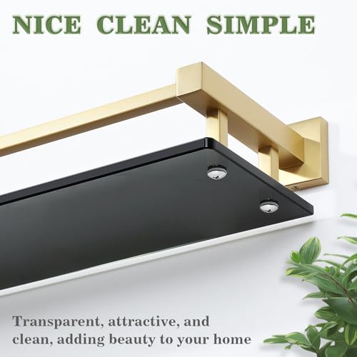 Alise Bathroom Glass Shelf with Stainless Steel Railing, Gold Small Tempered Glass Floating Wall Shelf Over The Toilet, 16 inch - color: Gold and Black, size: 16 Inch