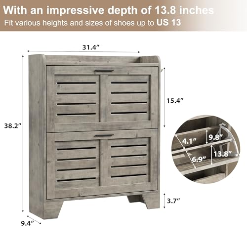 Garvee Shoe Storage Cabinet with 2 Flip Drawers, Freestanding Shoe Organizer Storage for Entryway with 2 Side Hooks, Farmhouse Hidden Slim Narrow Shoe Rack Cabinet, Gray - color: Grey, size: 2-Drawers