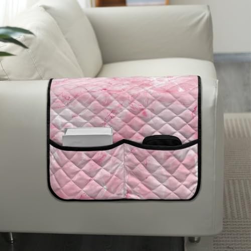 Pink Marble Print Sofa Armrest Slipcovers, Non-Slip Diamond Pattern Furniture Protector, Arm Covers for Recliner with Side Storage Pocket for Magazine, Tablet, Phone, iPad - color: Pink Marble
