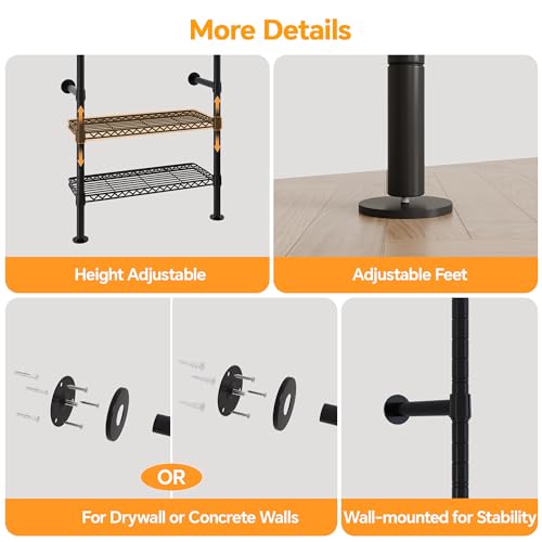 Higeego W5 Industrial Clothes Rack, Clothing Rack for Hanging Clothes, Heavy Duty Wall Mounted Closet System Black Expandable Garment Racks, Sturdy Steel Pipe Wardrobe Closet, 1300LBS Load 9' to 12'9" - color: Black