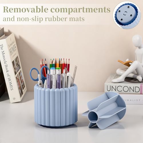 Anyoifax 360° Rotating Pen Holder 7 Slots Desk Organizer Removable Pencil Cup Plastic Art Supplies and Accessories Desktop Storage Box Caddy for Office, School, Home (Blue) - style: Stripe Blue