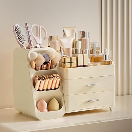 HBlife Makeup Organizer with Brush Holder for Vanity, Large Plastic Bathroom Countertop Organizer Skin Care Storage, Easy to Store Lipsticks, Nail Polishes, Perfumes, Eyeshadow Palettes, All Beige - color: All Beige, size: Large