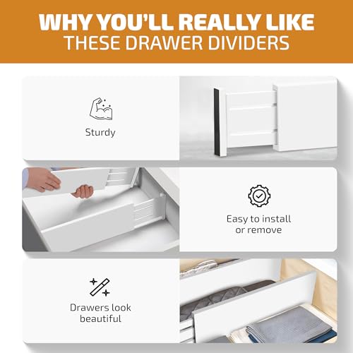 6-Pack Drawer Dividers 6 Inch High, 11”-17" Adjustable Bamboo Organizers Large Expandable Drawer Separators for Cloths, Dresser, Bedroom, Bathroom, Baby Drawer, Office & Kitchen Utensils (White) - color: White, size: 6-Inch High