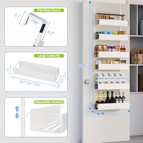 Over The Door Pantry Organizer, 6-Tier Pantry Organization and Storage, Hanging Spice Rack, Pantry Door Organization for Home Office Laundry Room Bathroom, White - color: WhitePlate, size: 6-Tier