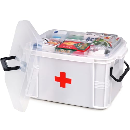 HEY FOLY 15qt White Medicine Organizer Storage Box with Tray, Plastic First Aid Box Empty, Thickened Medicine Container Chest, Multipurpose Medical Case with Labels, Medicine Caddy with Lids Handles - color: White