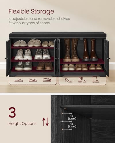 VASAGLE Shoe Storage Bench with Cushion, 3-Tier Entryway Bench with Padded Seat, Doors, Adjustable Shelves, 14 x 47.6 x 20.7 Inches, for Hallway, Bedroom, Charcoal Gray and Ink Black ULSB048BA01 - color: Charcoal Gray + Ink Black, size: 14"D x 47.6"W x 20