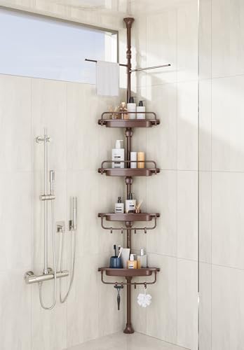 XLHOMO 32-122inch Corner Shower Caddy Tension Pole Brown, Rustproof Drill-Free Shower Shelves for Bathroom Bathtub Washbasin, Adjustable Shower Organizer with 4 Tier Patent Stable Shelves & Towel Bars - color: Brown