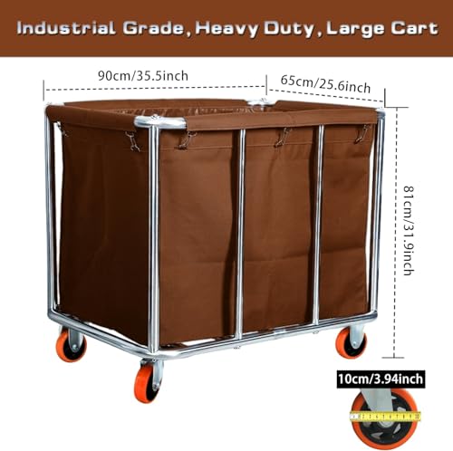 Commercial Laundry Cart with Wheels, 400L Large Capacity Heavy Duty Stainless Laundry Basket,Laundry Sorter for Clothes Storage,330 lbs Load (Brown) - color: Brown