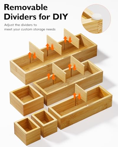 12-Piece Bamboo Desk Drawer Organizer Set – Adjustable Storage Boxes with 24 Compartments, Non-Slip, Modular Design for Office, Jewelry, Vanity, and Kitchen Utensil Drawer Storage - size: 24 Compartments