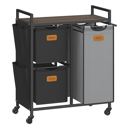 VASAGLE Laundry Hamper with 3 Compartments, 26.4 Gal. (100 L) Laundry Sorter, Rolling Laundry Cart with Shelves, Small Side Pockets, 6 Labels, Chestnut Brown, Ink Black and Dove Gray UBLH202B01 - color: Chestnut Brown + Ink Black + Dove Gray, size: 3 Bags