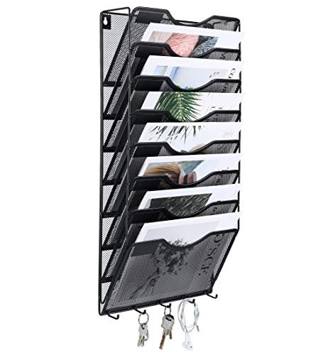 EasyPAG 8 Pocket Mesh Wall File Organizer with Key Hooks, Hanging Paper Folder Holder with Classify Label, Vertical Wall Mount Mail Organizer for Office Home Classroom, Black - color: Black with Hooks, size: 8 Tier