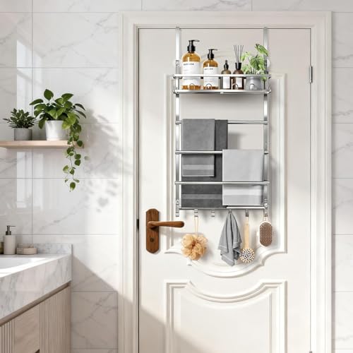 Aetyord Towel Racks for Bathroom Over The Door Towel Rack Towel Storage with Metal Shelf Basket and Hooks Silver - color: Silver-1
