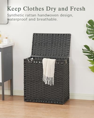 SETVSON Laundry Hamper with Lid Wicker Laundry Basket 112 L (29.6 Gal) Laundry Hampers Handwoven Rattan Clothes Hamper with Handles 3 Removable Liner Bag, 6 Mesh Bags for Bathroom Bedroom Black - color: Black, size: 29.6 Gal
