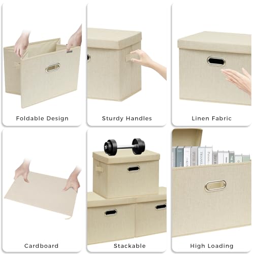 SNWDN 4 Pack Collapsible Fabric Storage Bins with Lids Fabric storage box with lids for closet organizers and storage (Beige 14.6x10.6x10.2 inches) - color: Beige, size: Medium（4-Pack 14.6*10.6*10.2 Inches）