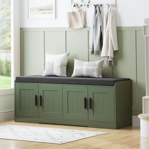 Homleke 2-Tier Storage Bench, Shoe Bench with Thickened Padded Seat Cushion, Entryway Bench with 4 Doors, Adjustable Shelf, 13.8" D x 45.3" W x 18.5" H, for Entryway, Living Room, Bedroom, Green - color: Green, size: 45.3"