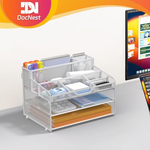 Docnest 3 Tier Mesh Desk Organizer for Paper Office Supplies – Multi-Functional Letter Tray with 5 Adjustable Compartments, 3 Pen Holders, Desktop Storage for Files, Mail, Stationery – White - color: White, size: 12.7" x 9.1" x 8.6"