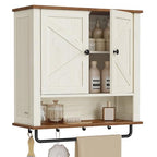 VASAGLE LIRY Collection - Bathroom Wall Cabinet, Farmhouse Wall-Mounted Medicine Storage Cabinet with 2 Barn Doors, Adjustable Shelf, Towel Bar, 7.9 x 23.6 x 28.7 Inches, Rustic White UBBK131W01S - size: 7.9"D x 23.6"W x 28.7"H