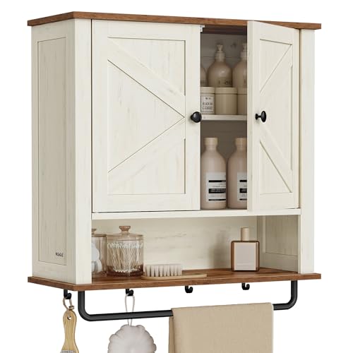 VASAGLE LIRY Collection - Bathroom Wall Cabinet, Farmhouse Wall-Mounted Medicine Storage Cabinet with 2 Barn Doors, Adjustable Shelf, Towel Bar, 7.9 x 23.6 x 28.7 Inches, Rustic White UBBK131W01S - size: 7.9"D x 23.6"W x 28.7"H