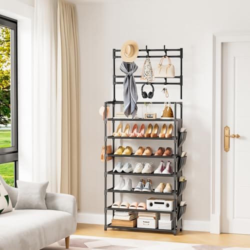 OYREL Shoe Rack 7 Tier Shoe Organizer Storage 21-28 Pairs Closet Shoes Rack for Front Door Entrance Shoe Rack Organizer with Hooks Side Pocket Entryway Large Capacity Shoe Shelf Tower Garage - color: Black, size: 7 Tier (23.6"Wx 65.4"H)