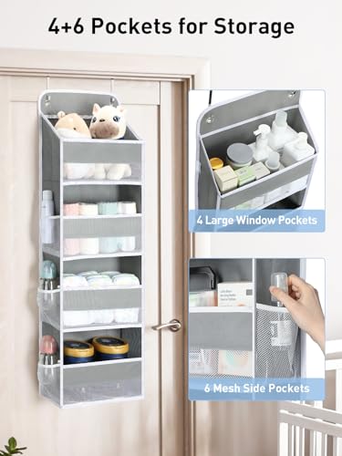 Yecaye 1 Pack Over the Door Organizer, 35.2lbs Load Toy Stuffed Animal Storage, Swing-proof Hanging Bathroom Organizers and Storage for Nursery Newborn Baby Essential Stuff Dorm Room Essentials - color: Grey, size: 4 Tier