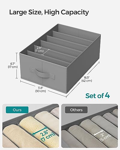 SONGMICS Set of 4 Large Size Wardrobe Clothes Organizers, 6-Compartment Foldable Drawer Organizers with Handles, 16.5 x 11.8 x 6.7 Inches, for Pants, Sweaters, Jeans, Dove Gray URUS009G04 - color: Dove Gray, size: 4 Pack